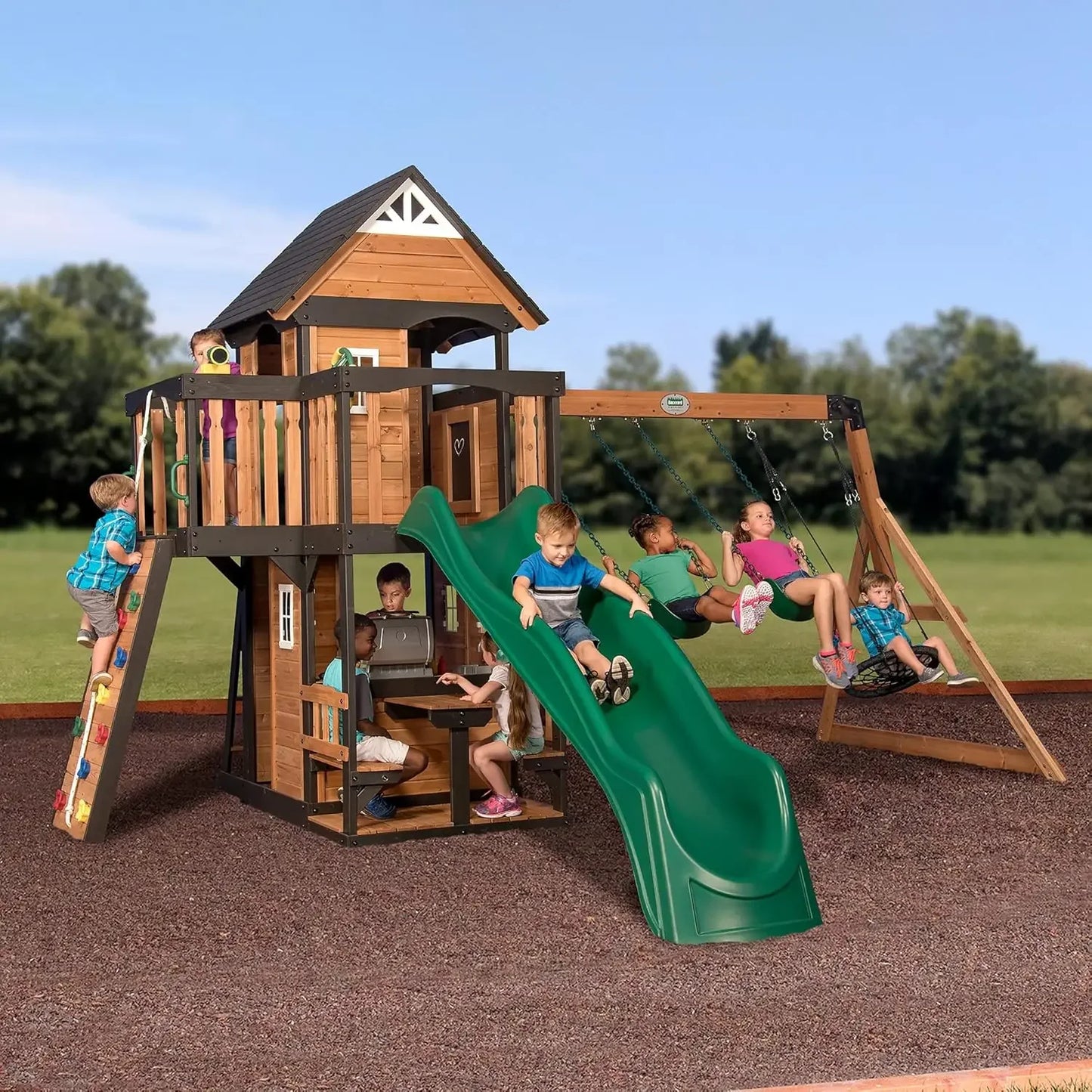 All Cedar Wood Swing Set w/Wave Slide, Grill, Plastic Food, Picnic Area