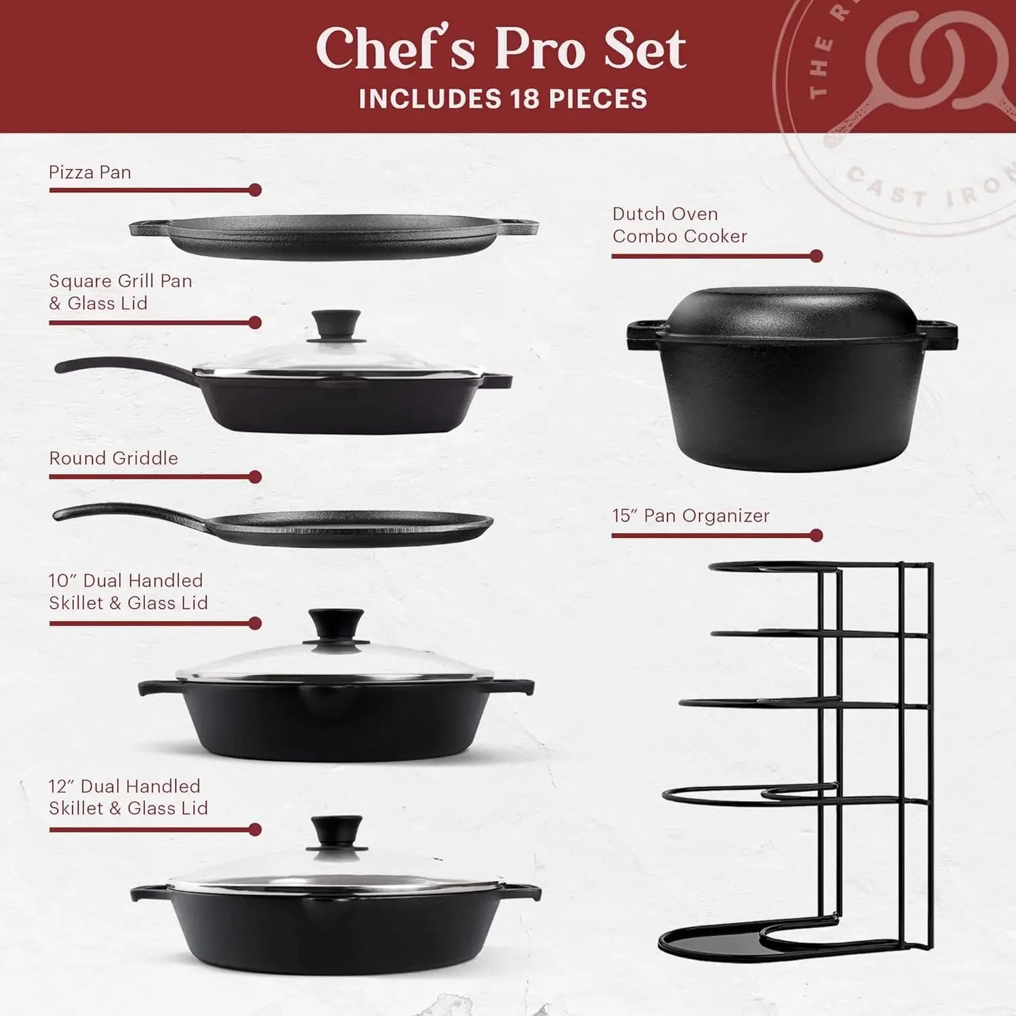 18-Piece Pre-seasoned Cast Iron Cookware Set: 10"+12" Skillets w/Lids + 5-Qt Dutch Oven + 10.5" Square Grill Pan