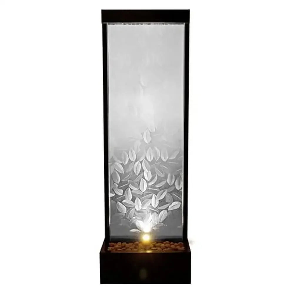 72" Indoor/Outdoor Waterfall Embossed Leaves Design Modern Glass Panel Fountain with LED Light