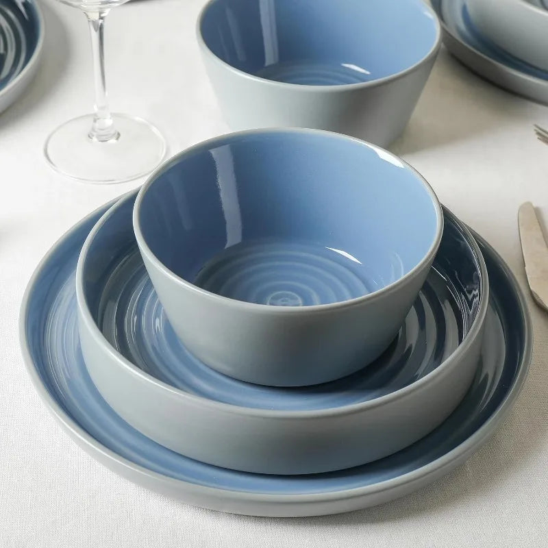 12-Piece Modern Stoneware Dinnerware Plates and Bowls Set for 4, Blue and Grey