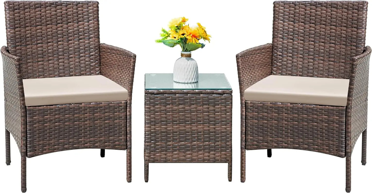 3 Pieces All-Weather Rattan Outdoor Furniture Patio Chairs with Tempered Glass Table