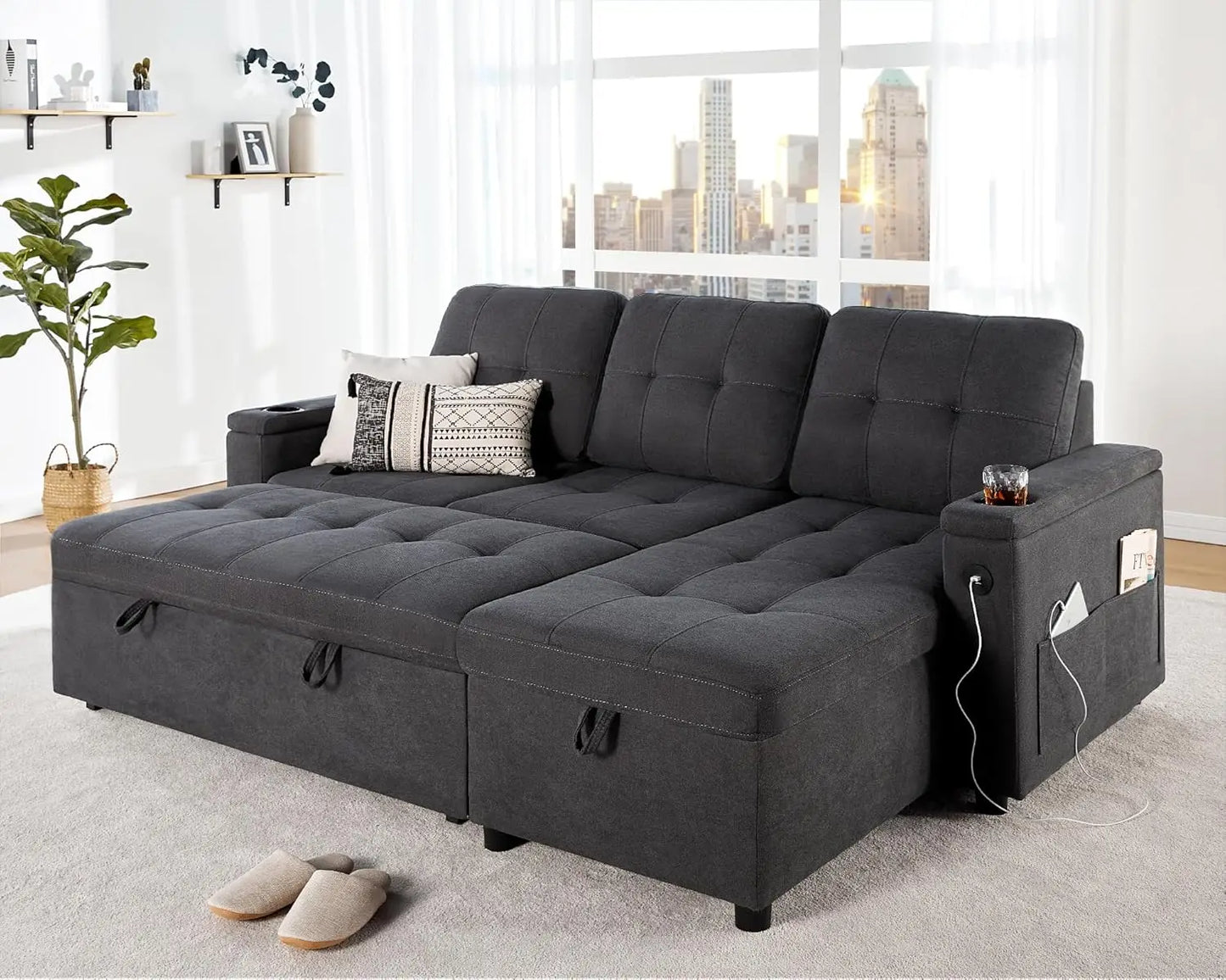 Pull Out Couch Bed with Storage Chaise, USB Charging Port & Cup Holders