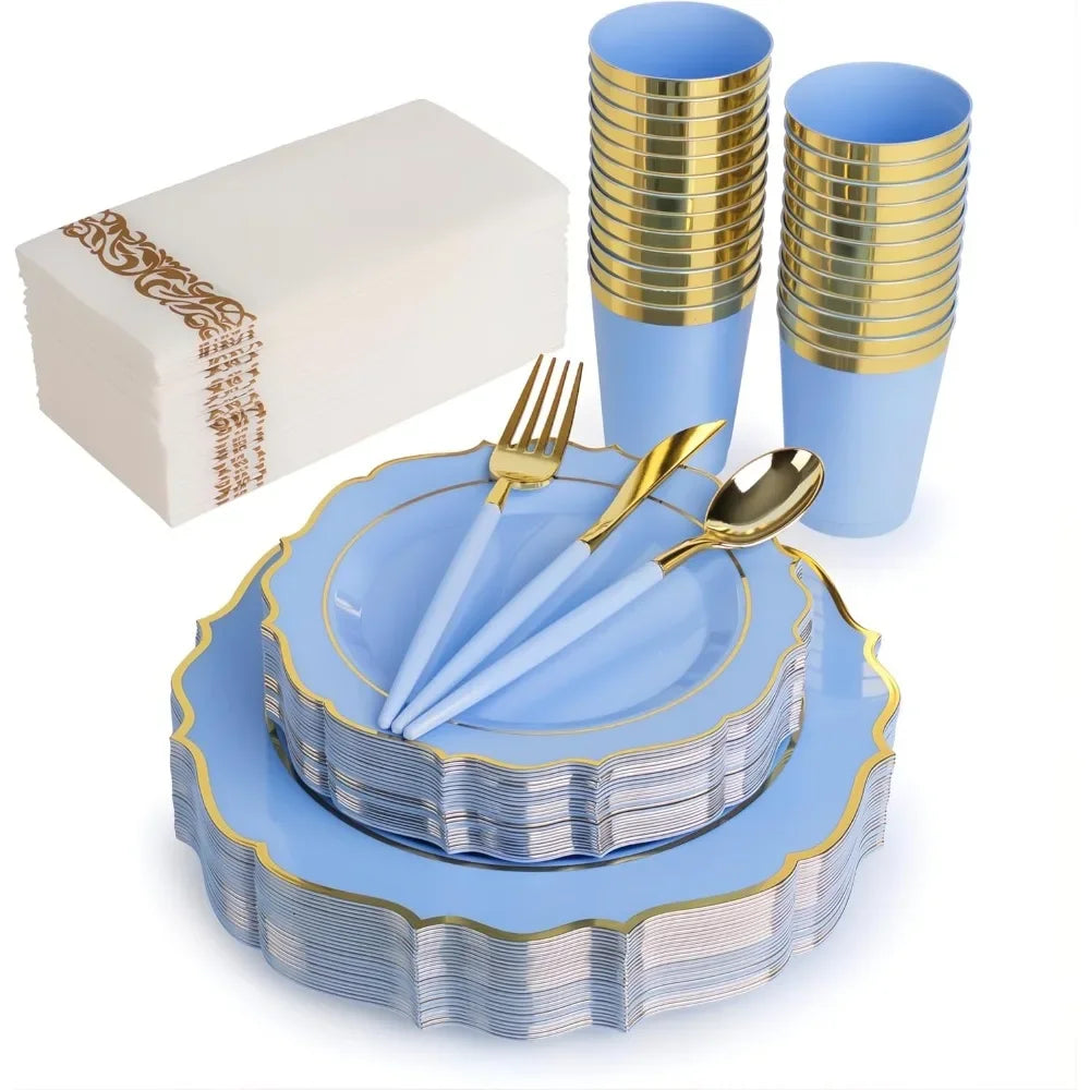 PARTY FOR 25- Disposable Plates – Includes 50 Blue Plastic Plates, 75 Baroque Handle Cutlery, 25 Cups, 25 Napkins