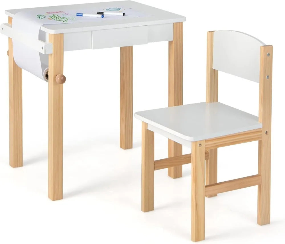 Kid's Wooden Lift-Top Desk & Chair Activity Table Set with Storage, Paper Roll Holder & Pen Slot