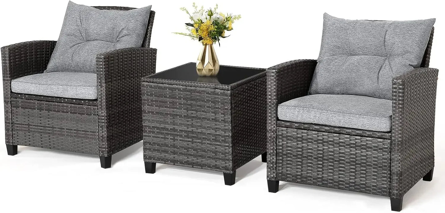 3 Piece Outdoor Rattan Sofa Set with Tempered Glass Tabletop