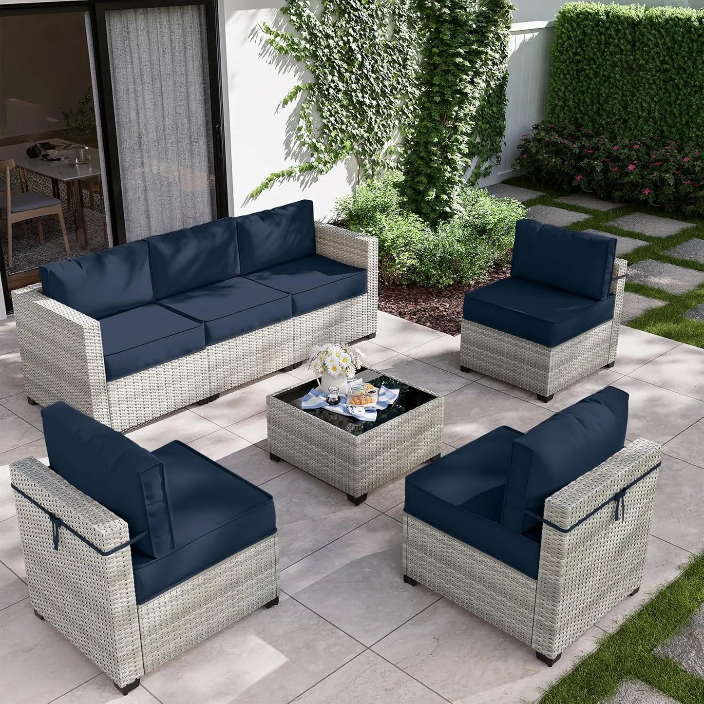 8 Piece Wicker Patio Furniture Set Includes 4 Center Sofas, 2 Corner Sofas, 1 Gas Fireplace Table, And A Tempered Glass Coffee Table