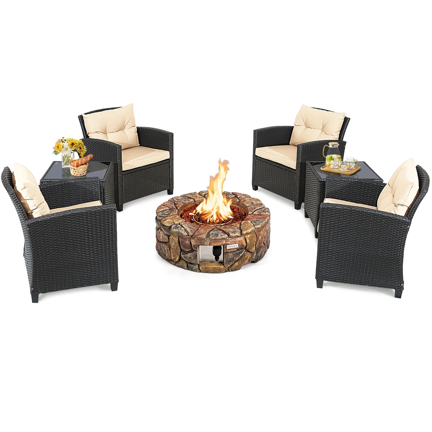 7PCS Wicker Patio Set w/Gas Fire Pit Table
