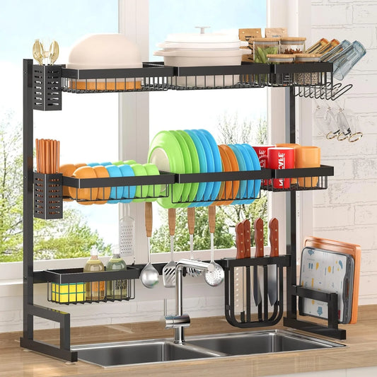 3 Tier, Adjustable Over Sink Dish Drying Rack (34"-45")