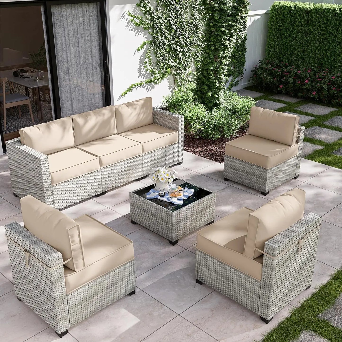 8 Piece Wicker Patio Furniture Set Includes 4 Center Sofas, 2 Corner Sofas, 1 Gas Fireplace Table, And A Tempered Glass Coffee Table