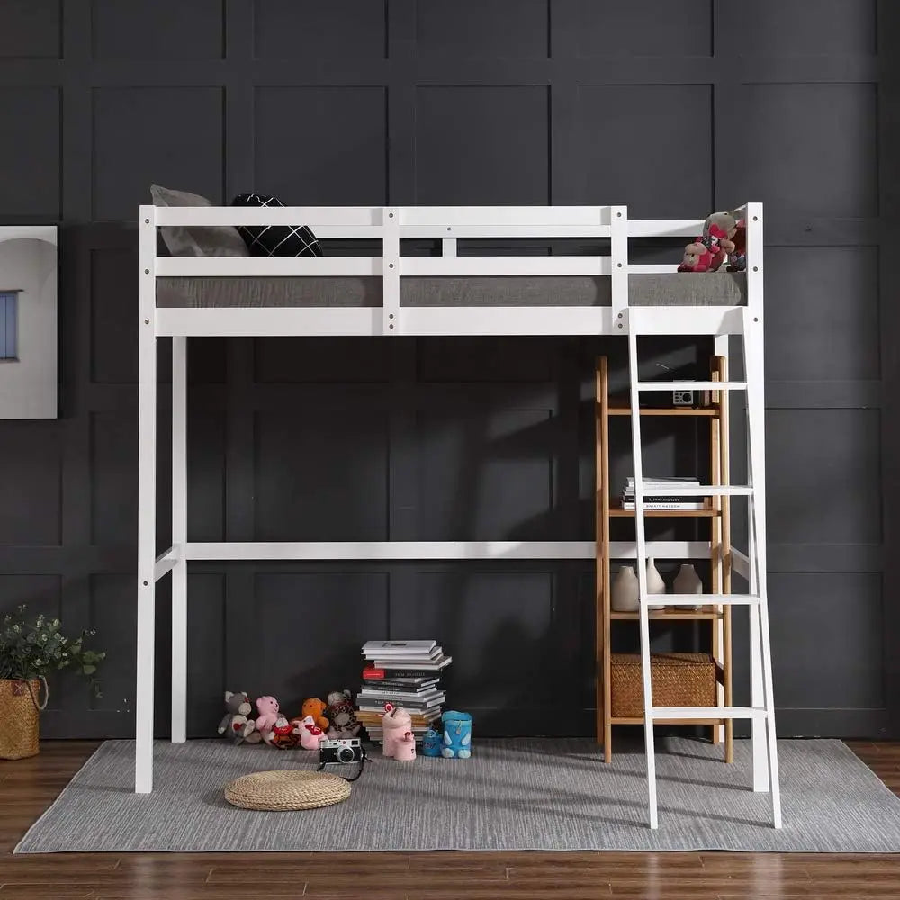 Twin Over Twin Solid Wood Bunk Bed Frame with Ladder and Guard Rail Space