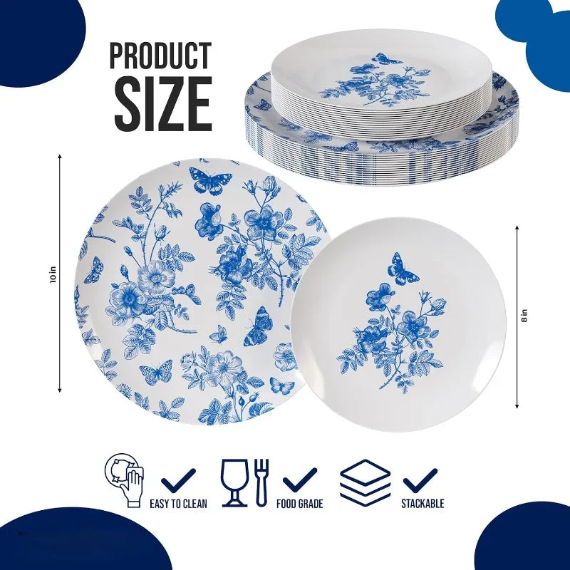 White & Blue Floral Design Disposable Plates Set