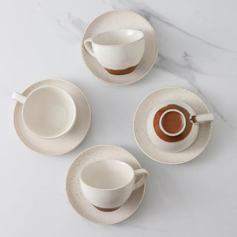 Set of 4 [8oz] Porcelain Coffee Cups with Saucers and Holder