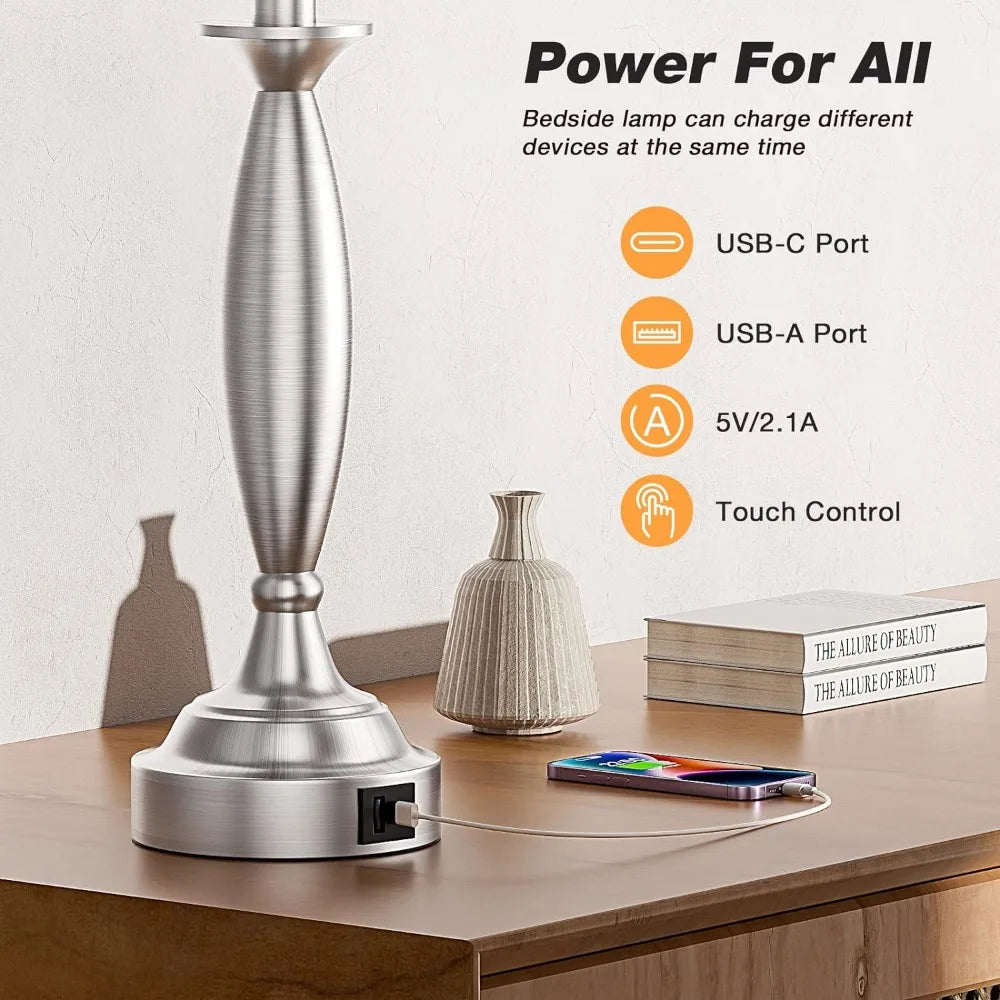 Touch Control Bedside Lamp with USB C+A, 3 Way Dimmable