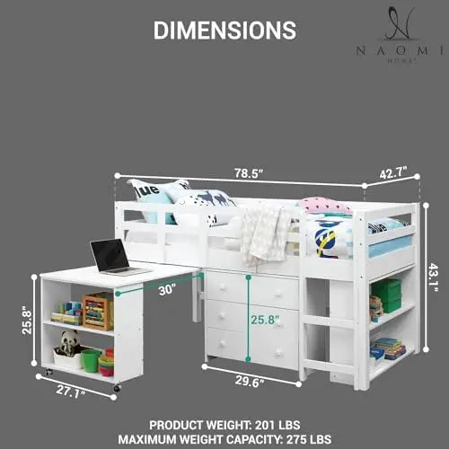 Twin Size Loft Bed With Storage, Desk, Cabinet Ladder, Safety Guard Rails, Bookcase Shelf, White