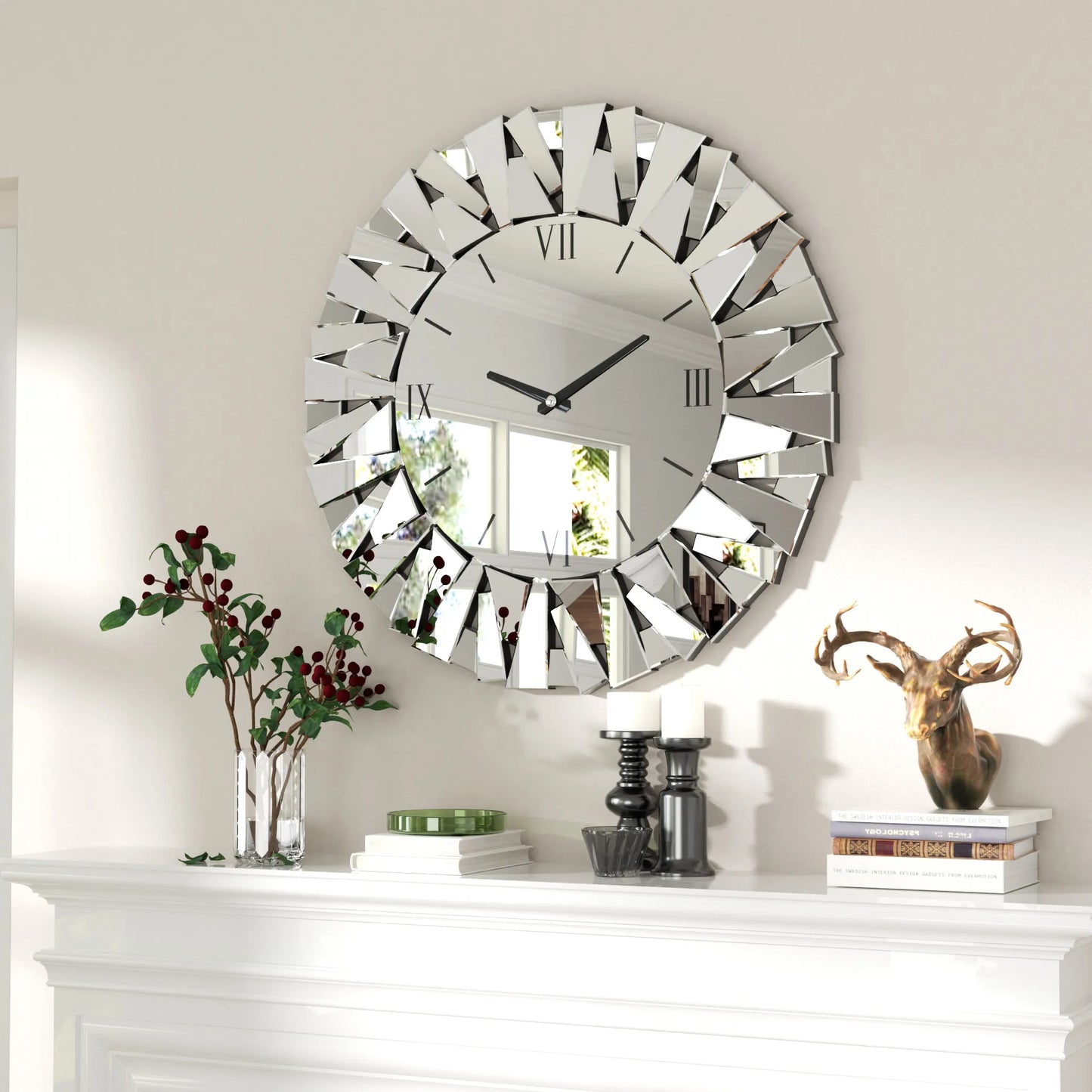 32 Inch Round Beveled Glass Edge Wall Mirror with Clock