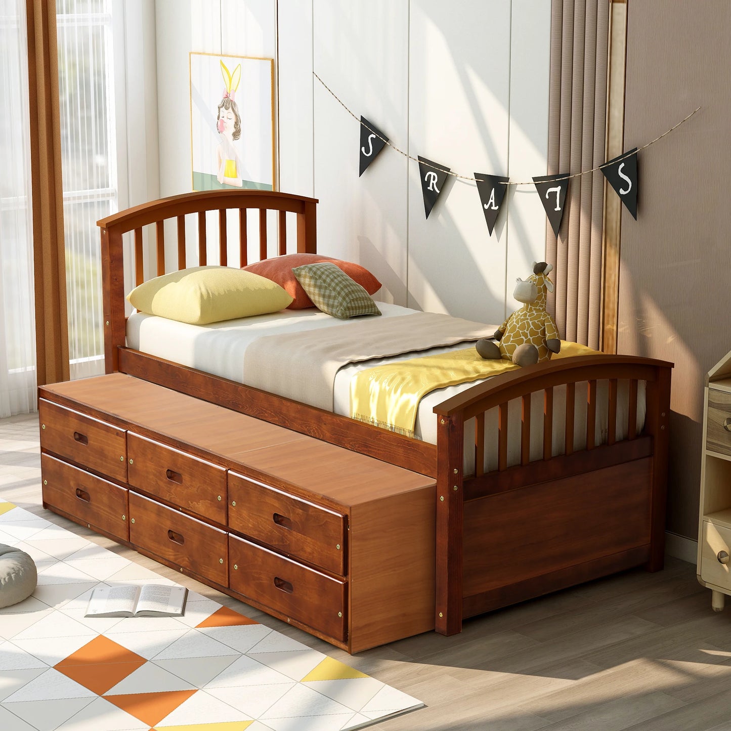 Twin Size Platform Storage Bed with Six Drawers - Solid Wood Frame  77.8x42.3x43.6 in.