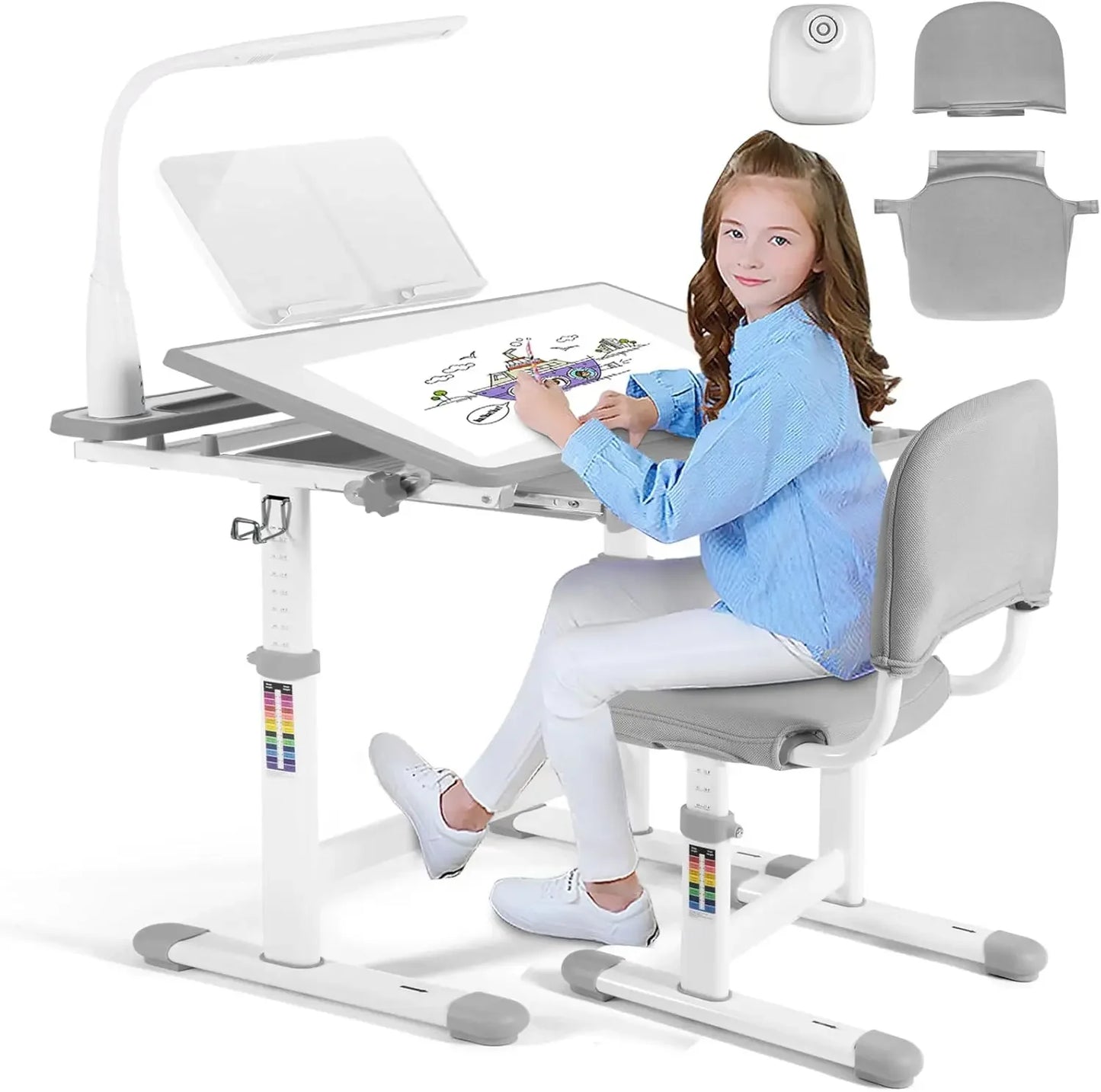 Height Adjustable Kids Study Desk and Chair Set with LED Lamp