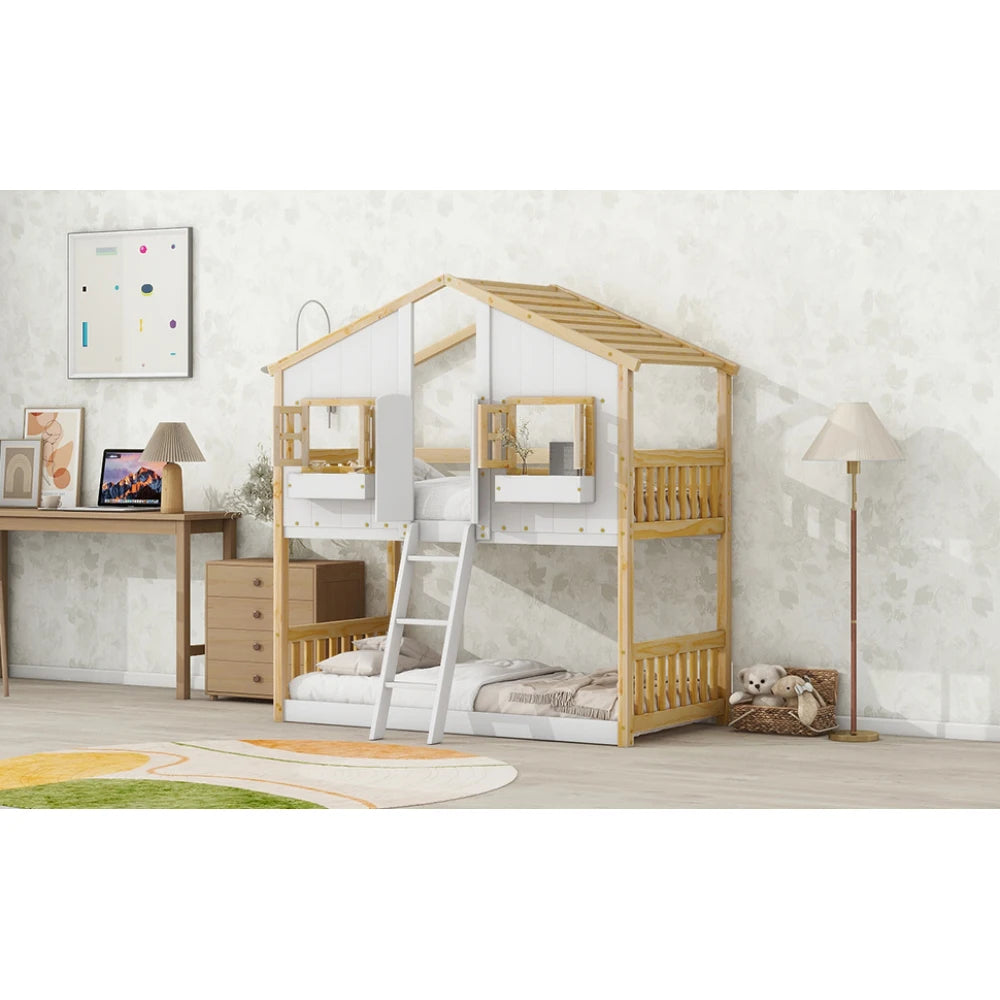 Twin over Twin House Bunk Bed with Roof