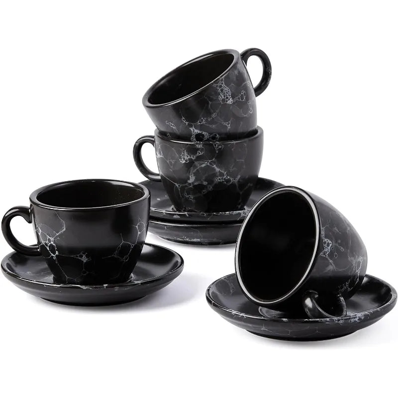 Set of 4 [8oz] Porcelain Coffee Cups with Saucers and Holder