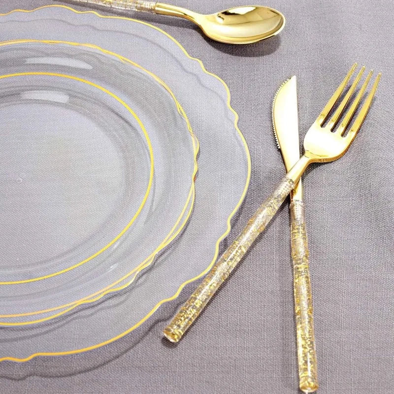 150PCS Clear-Gold Plastic Plates - Gold Plastic Silverware with Glitter Handle - 30 Guests