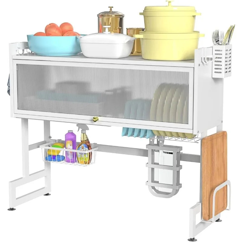 Large Stainless Steel Over The Sink 2 Tier Dish Rack with Cover for Kitchen (Large 37.40 Length)