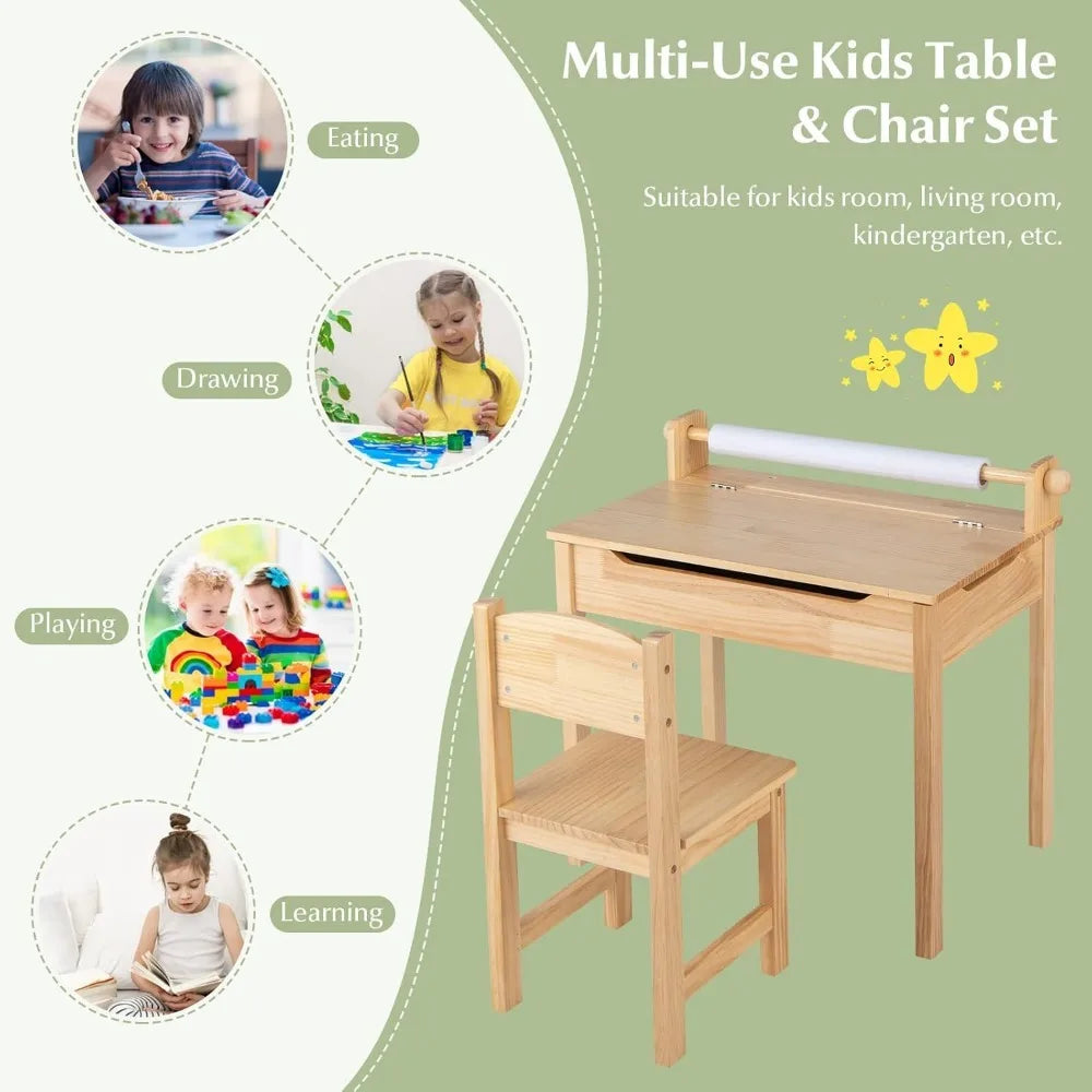 Kid's Wooden Lift-Top Desk & Chair Activity Table Set with Storage, Paper Roll Holder & Pen Slot