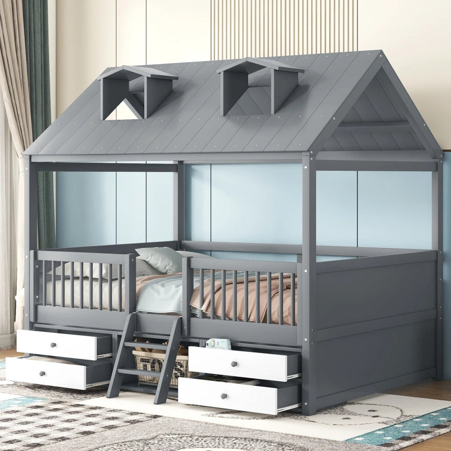 Full Size, Roof Design, Wood House Bed Frame, for Kids