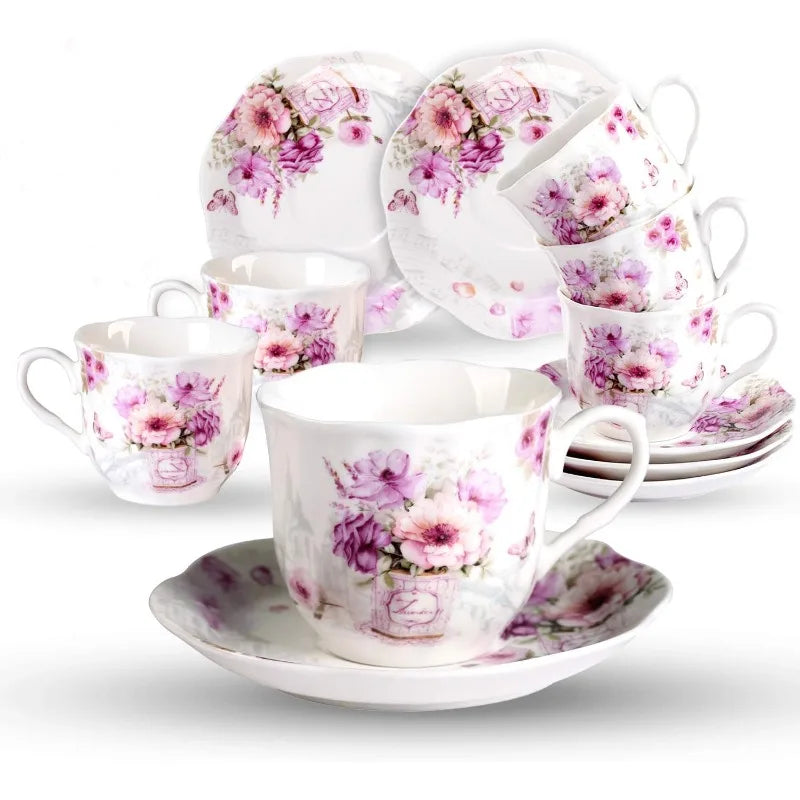 12 pcs Purple Floral Porcelain China Tea Cups and Saucers Set