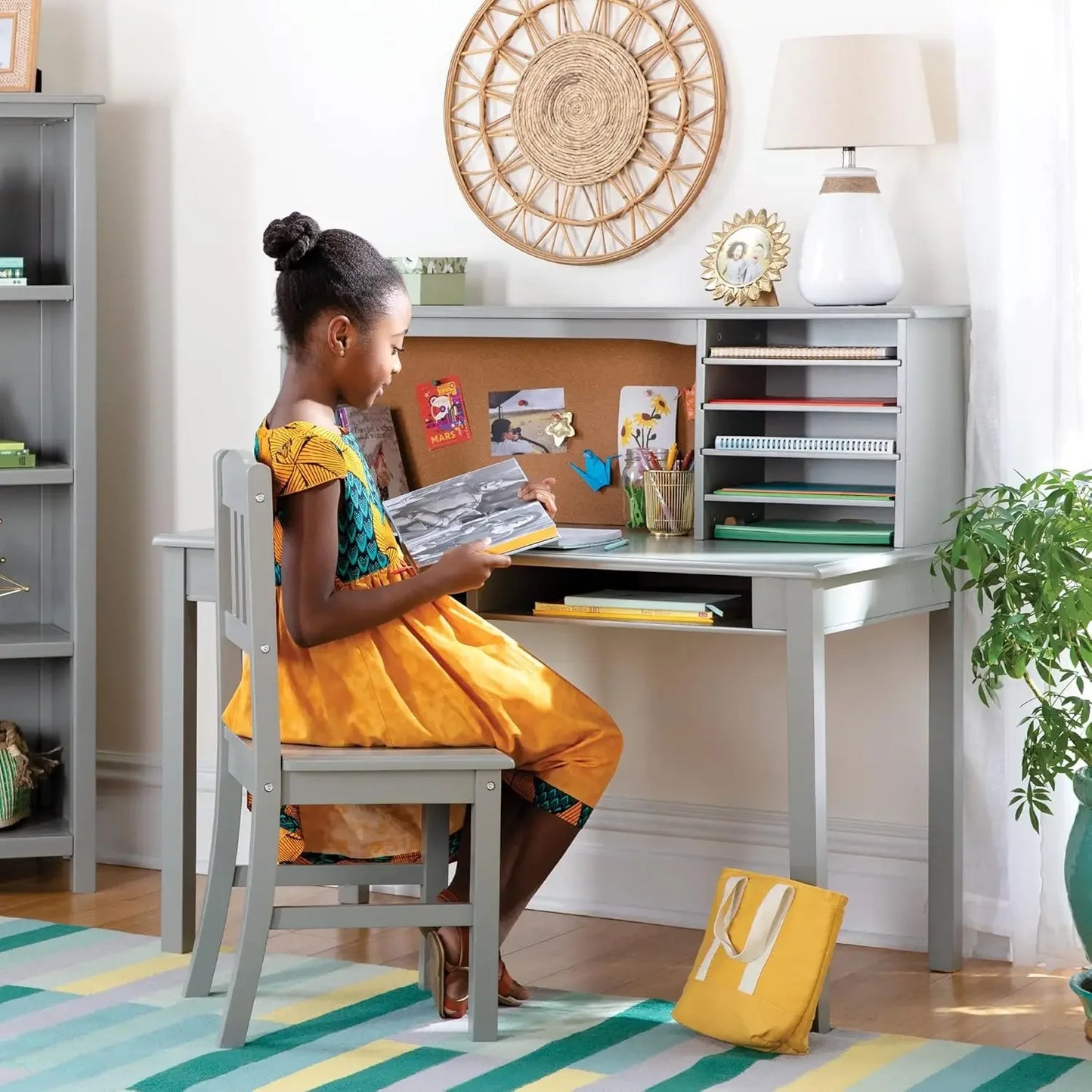 Children’s Wooden Media Desk and Chair Set with Hutch and Storage