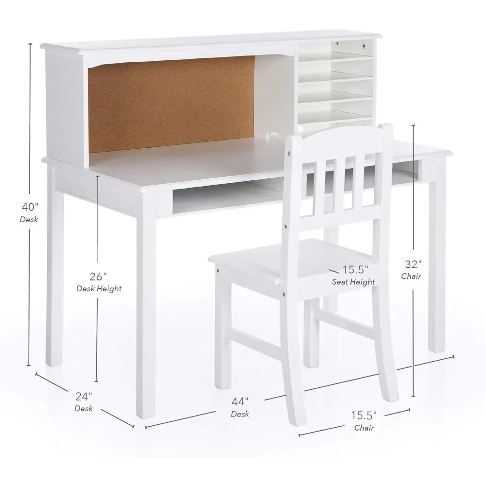 Children’s Wooden Media Desk and Chair Set with Hutch and Storage