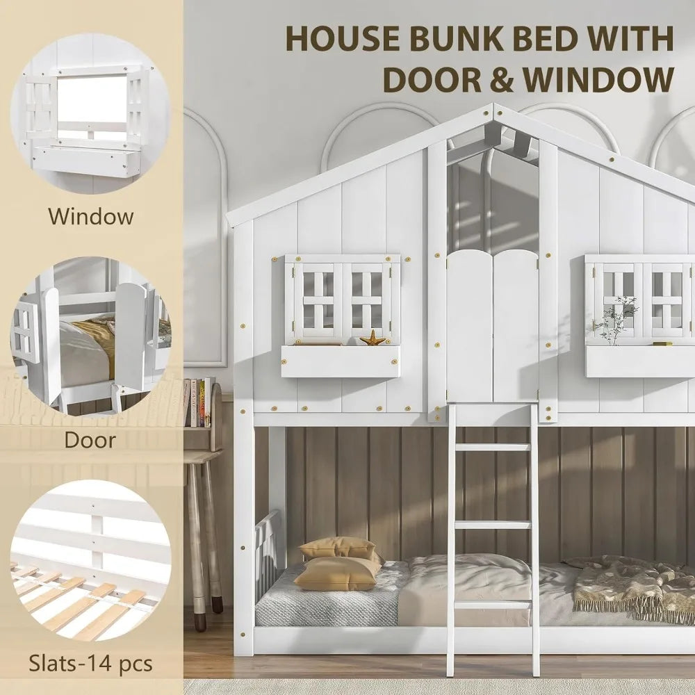 Twin Over Twin Wood Bunk Bed for Kids with Door, Windows