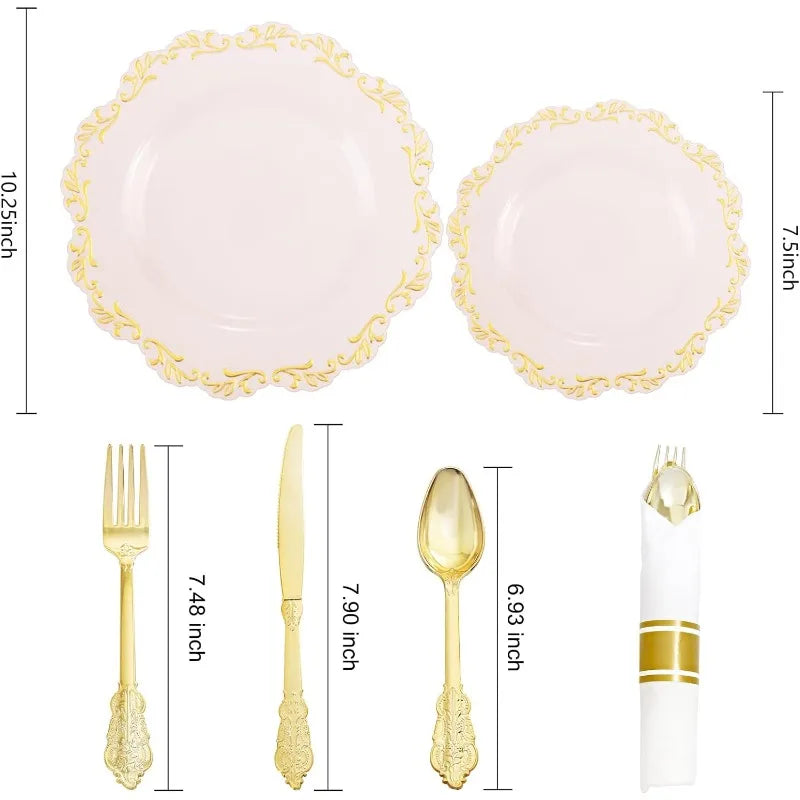 175PCS Clear Green Plastic Plates & Gold Plastic Silverware & Clear Green Cups & Gold Napkins, Service 25 Guest