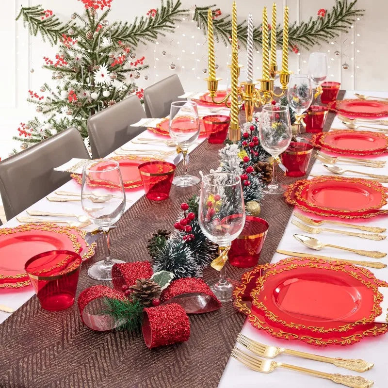 175PCS Clear Green Plastic Plates & Gold Plastic Silverware & Clear Green Cups & Gold Napkins, Service 25 Guest