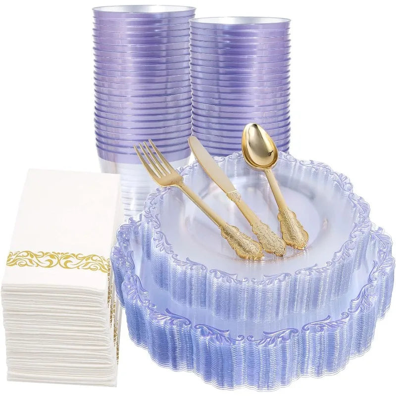 175PCS Clear Green Plastic Plates & Gold Plastic Silverware & Clear Green Cups & Gold Napkins, Service 25 Guest