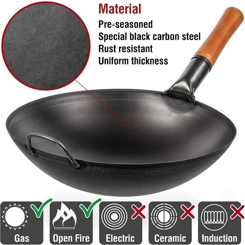 14" Carbon Steel Wok Pan- Set of 2 Heat-Resistant Wok Tools