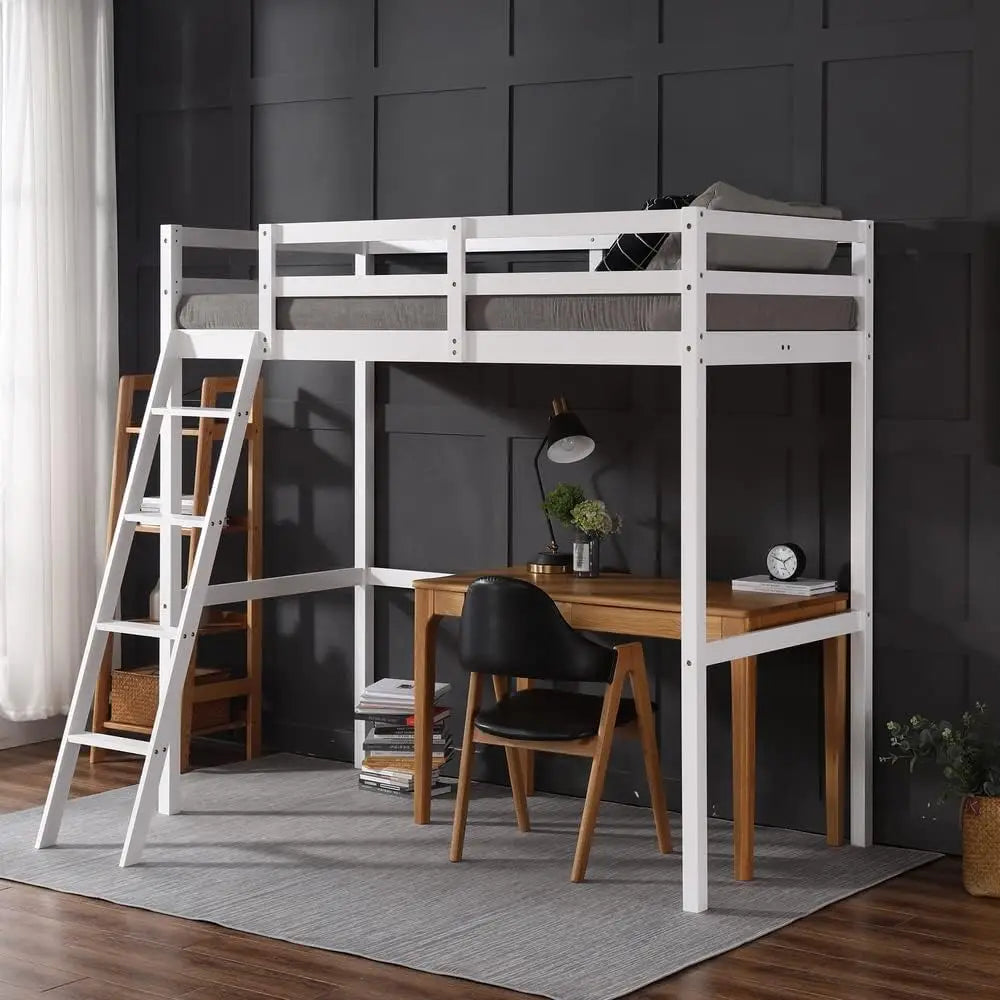 Twin Over Twin Solid Wood Bunk Bed Frame with Ladder and Guard Rail Space