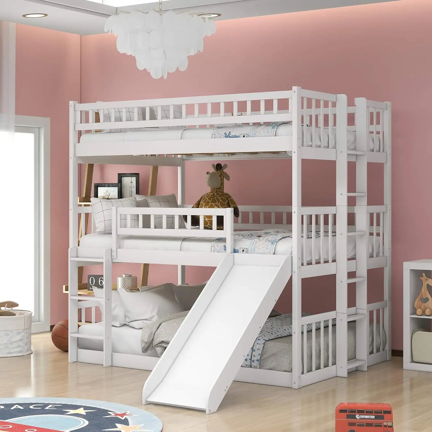 Full Over Full Over Full Triple Bunk Beds with Slide