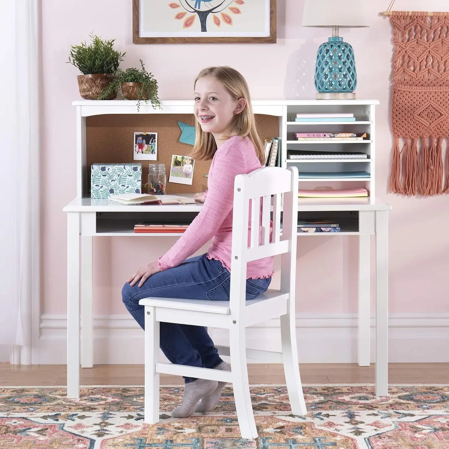 Children’s Wooden Media Desk and Chair Set with Hutch and Storage