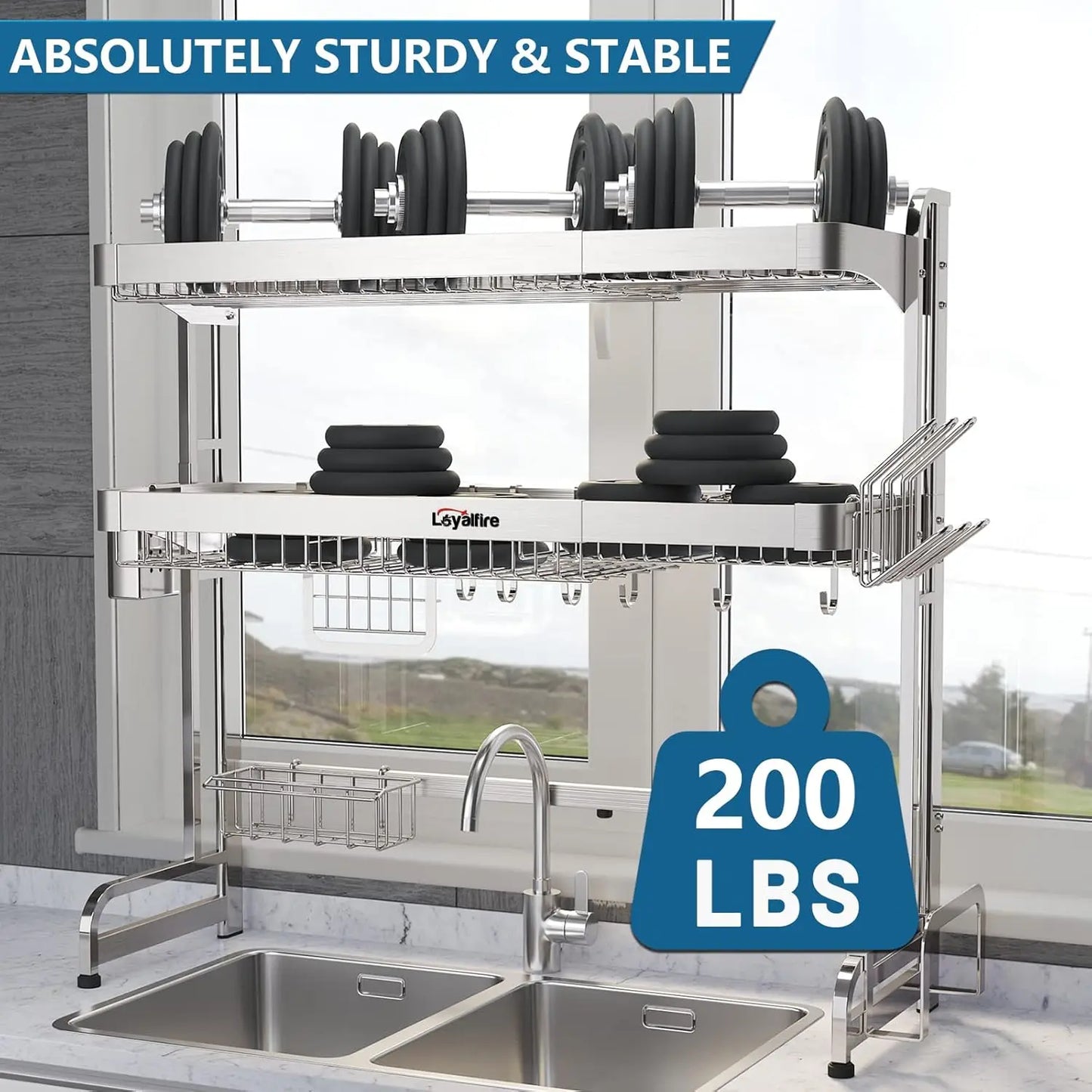 3 Tier Adjustable Length (20.87'' to 37.6'') Full Stainless Steel Large Storage Kitchen Dish Rack