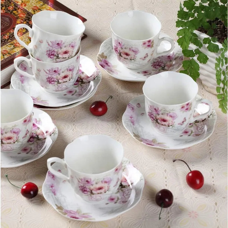 12 pcs Purple Floral Porcelain China Tea Cups and Saucers Set