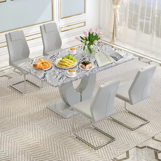 63'' Grey Faux Marble Dining Room Table Set
