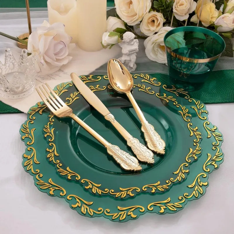 175PCS Clear Green Plastic Plates & Gold Plastic Silverware & Clear Green Cups & Gold Napkins, Service 25 Guest