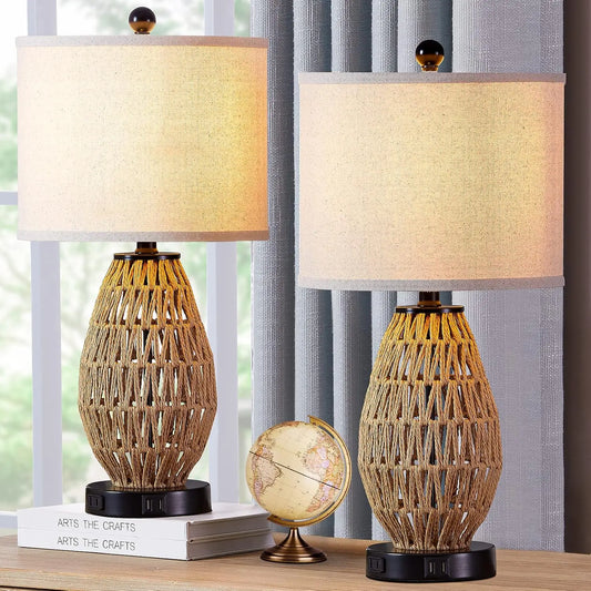 3 Way  Touch Control Rattan Table Lamps, Set of 2, with 2 USB Ports and AC Outlet