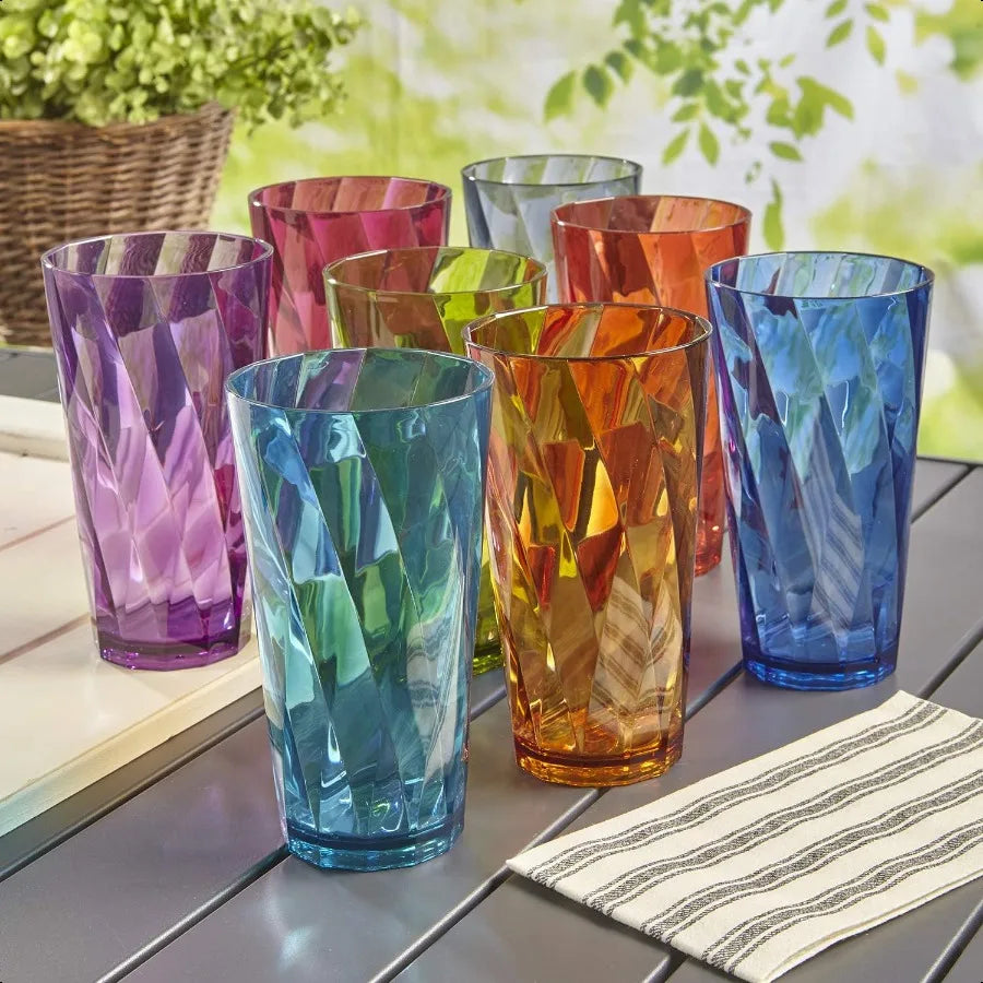 Set of 8, 20oz Optix Plastic Drinking Glasses in Jewel Tone Colors