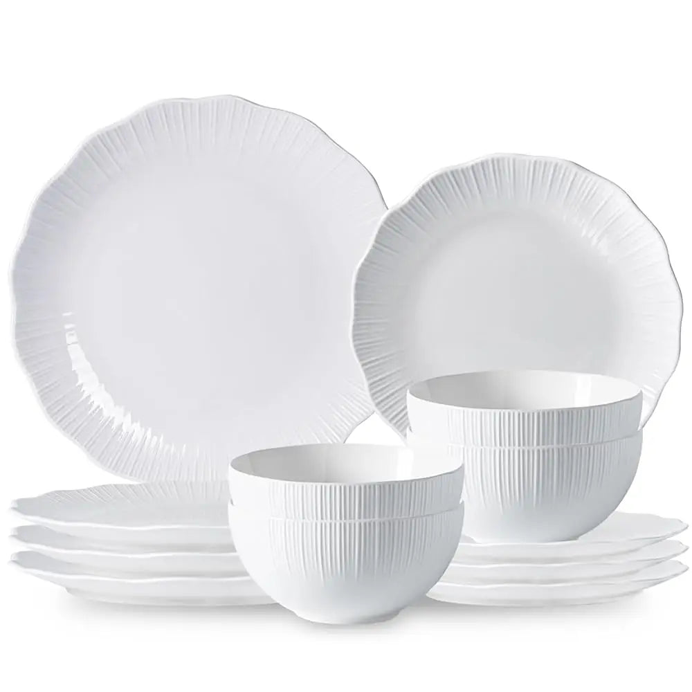 12 Piece Sunburst Pattern Porcelain Dinnerware Set For 4, Frost White