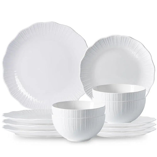 12 Piece Sunburst Pattern Porcelain Dinnerware Set For 4, Frost White