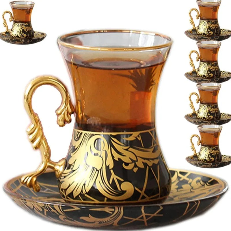 Set of 6 Gold Vintage Turkish Tea Cups and Saucers