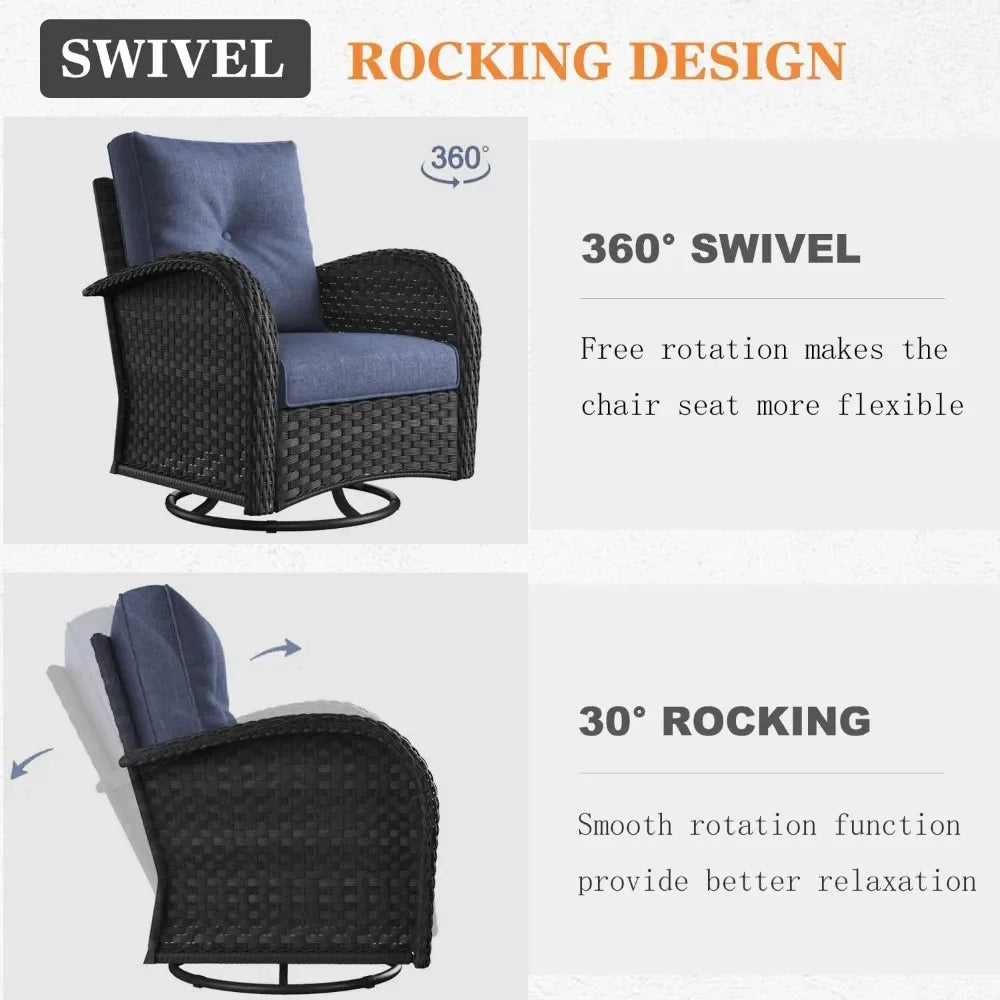 10 Piece High Back Wicker Rattan Patio Set with Fire Pit Table, Black /Navy Blue