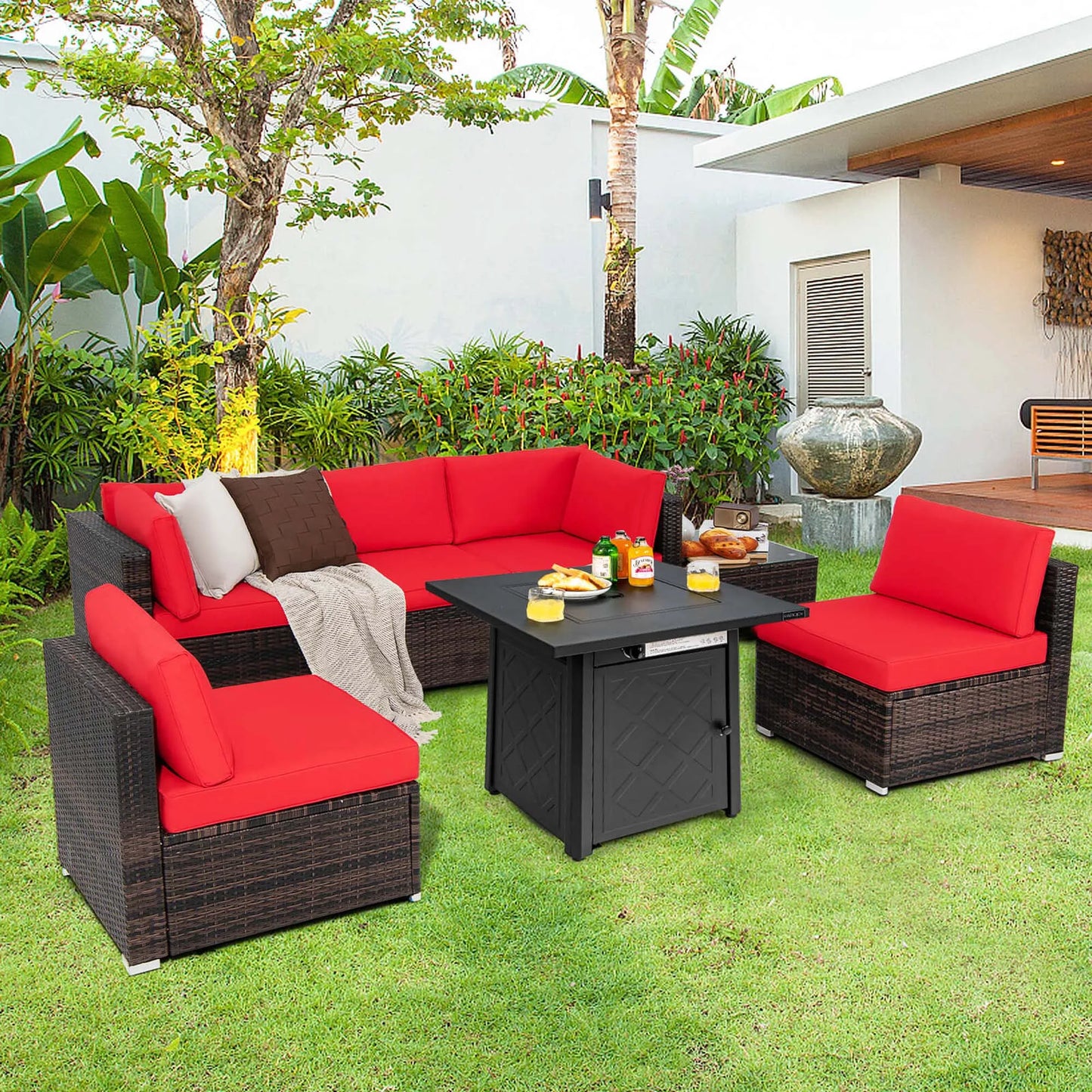 7 PCS Patio Set with 28" 50000 BTU Propane Gas Fire Pit Table, Red