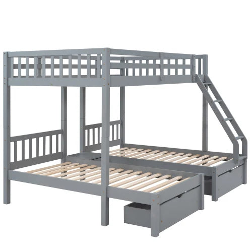 Wood Full over Twin & Twin Bunk Bed,Triple Bunk Bed with Drawers